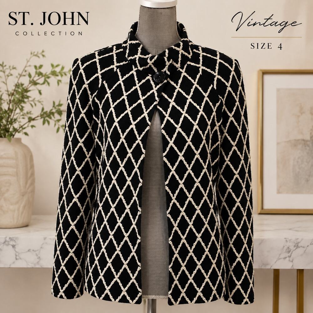 Vintage St. John Black Ivory Lattice Knit Blazer Size 4 Designer Jacket